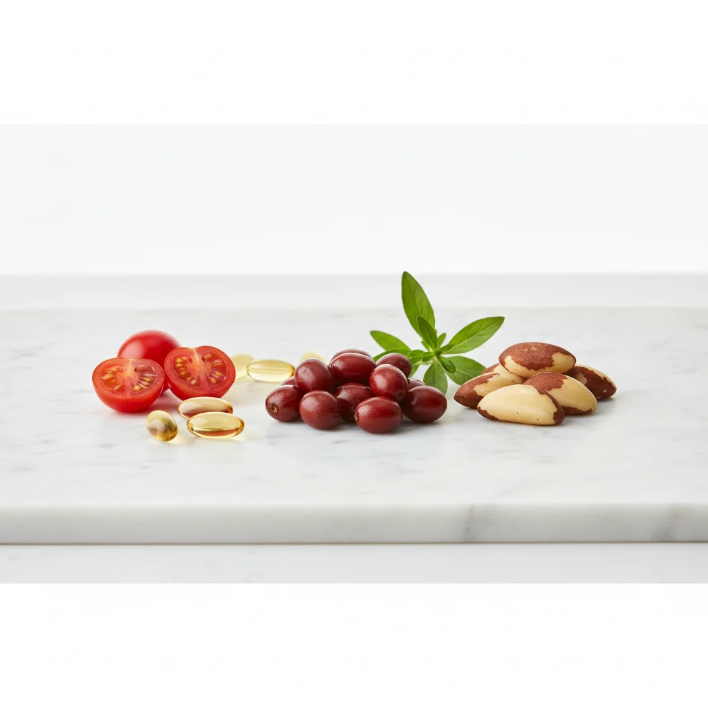 Natural ingredients: saw palmetto berries, tomatoes, vitamin capsules, brazil nuts and herbs on white marble