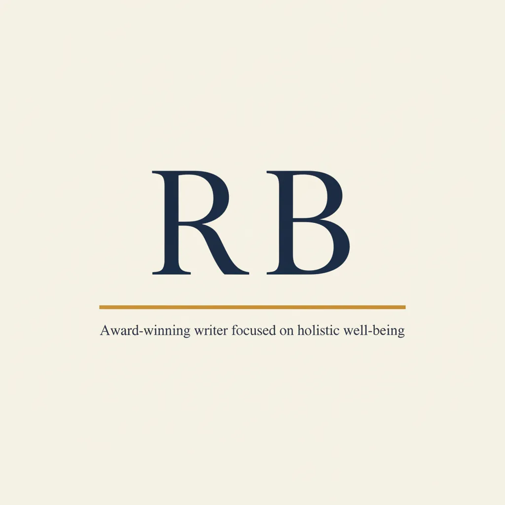 Editorial author identity card with initials R.B. on cream background