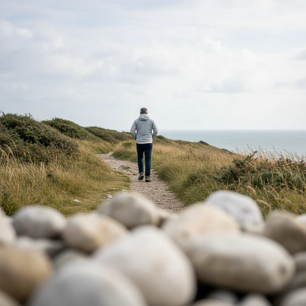 An active man over 50 walking along a coastal UK path in natural daylight